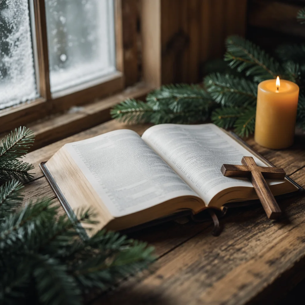 Open Bible with Evergreen and Candle
