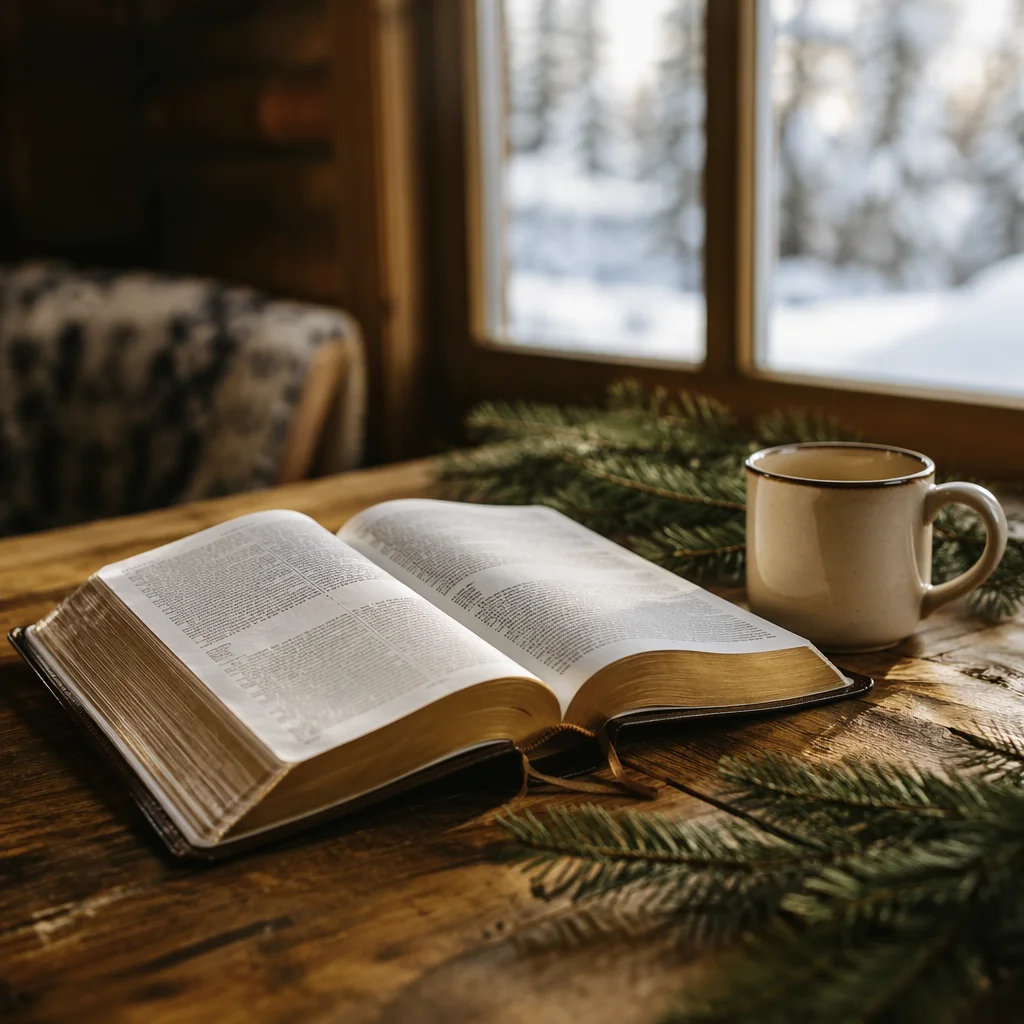 Open Bible with Evergreens on Rustic Table