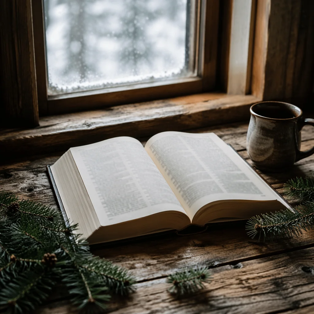 Open Bible with Evergreen Winter Morning