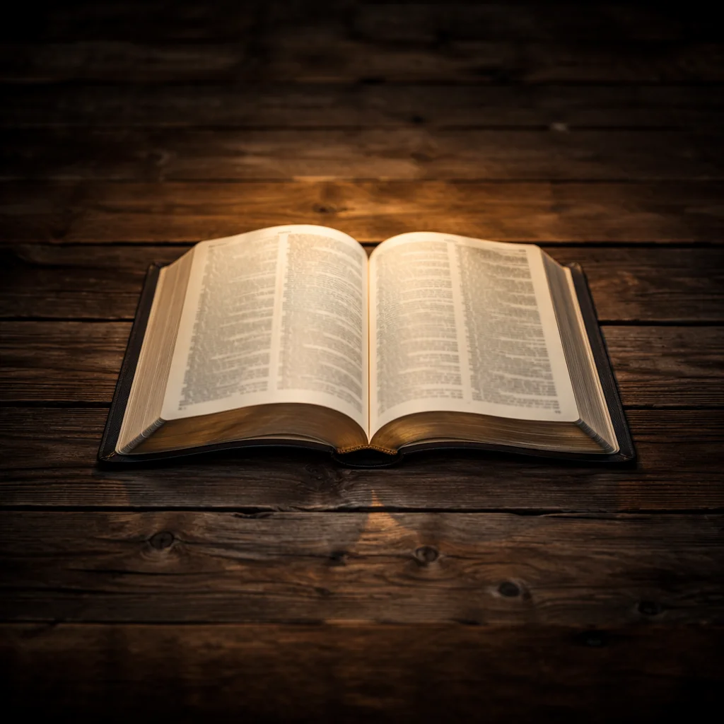 Open Bible on Rustic Wooden Table