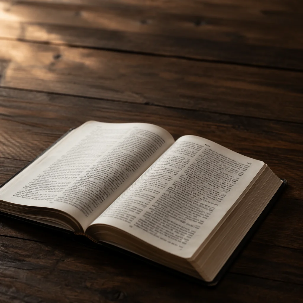 Open Bible on Walnut Table