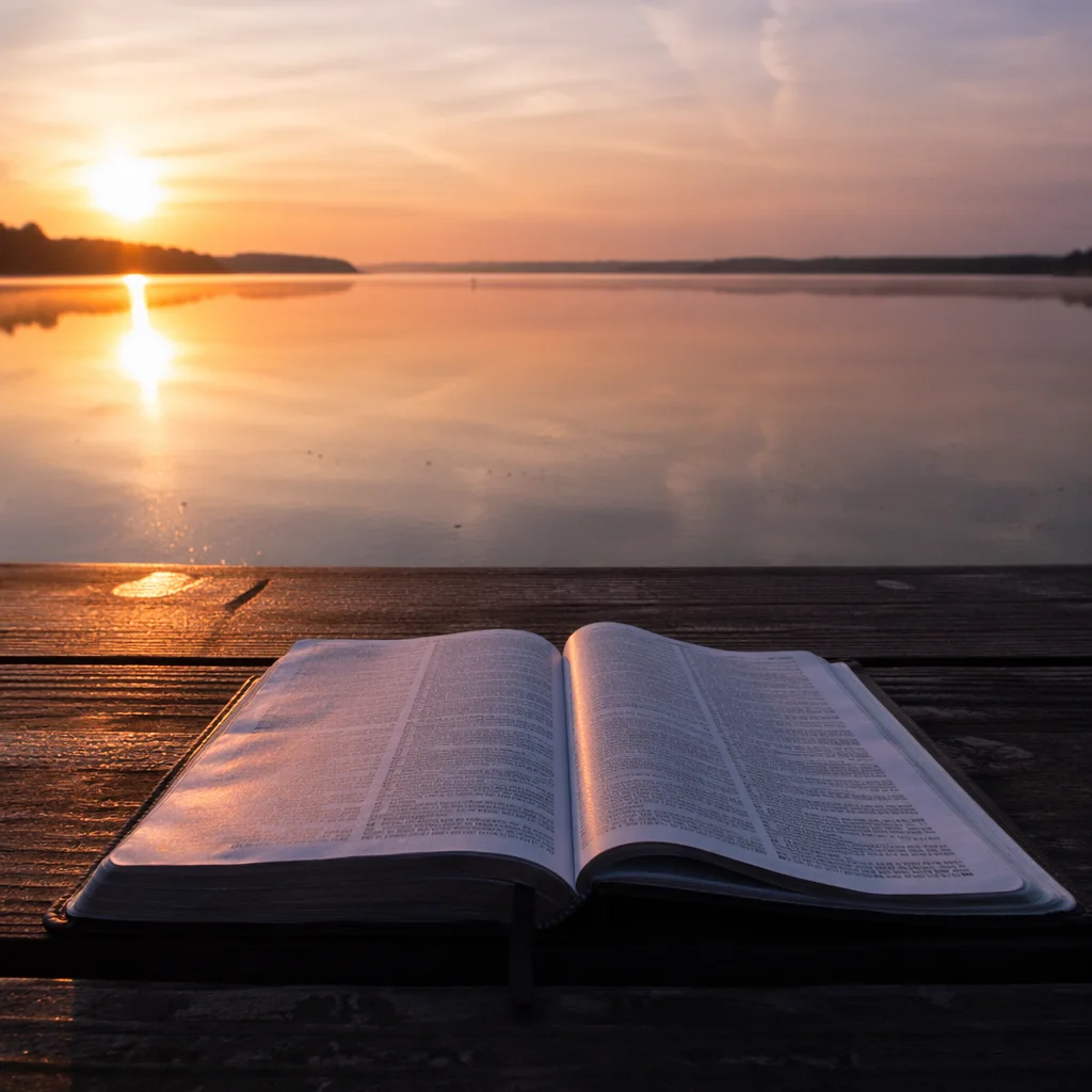 Open Bible by Lakeside Sunset