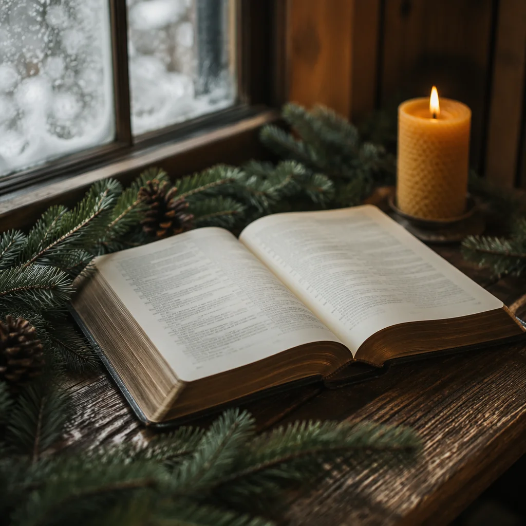 Open Bible with Evergreens and Candlelight