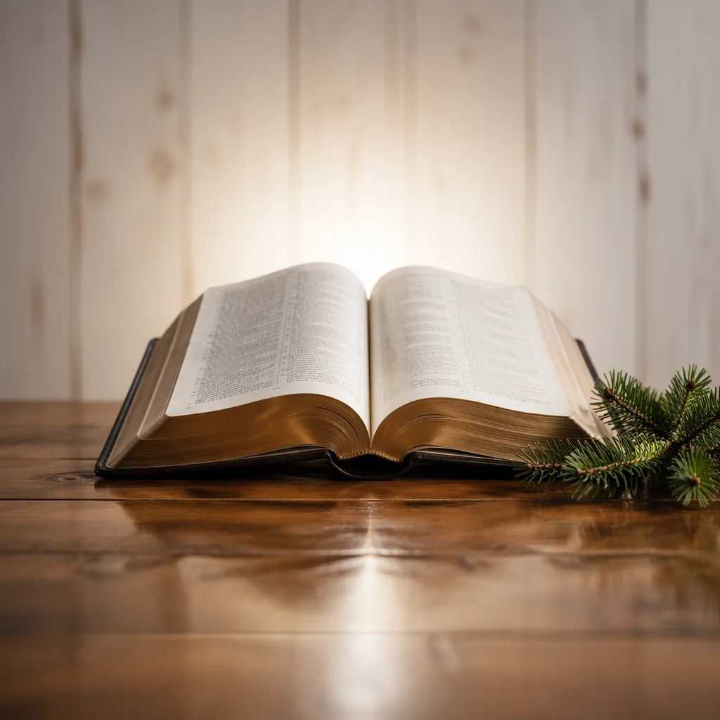 Open Bible with Evergreen on Wooden Table