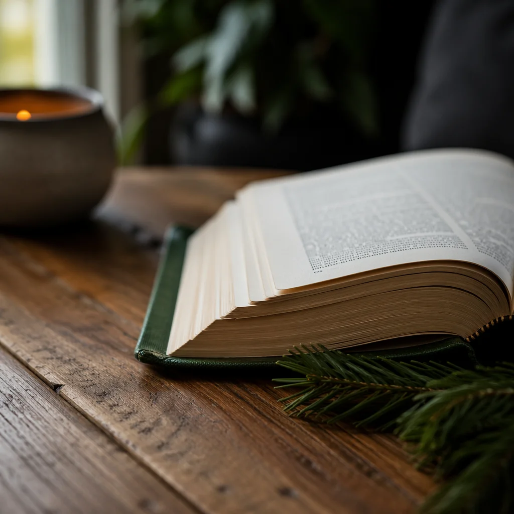 Open Bible on Evergreen Wooden Table