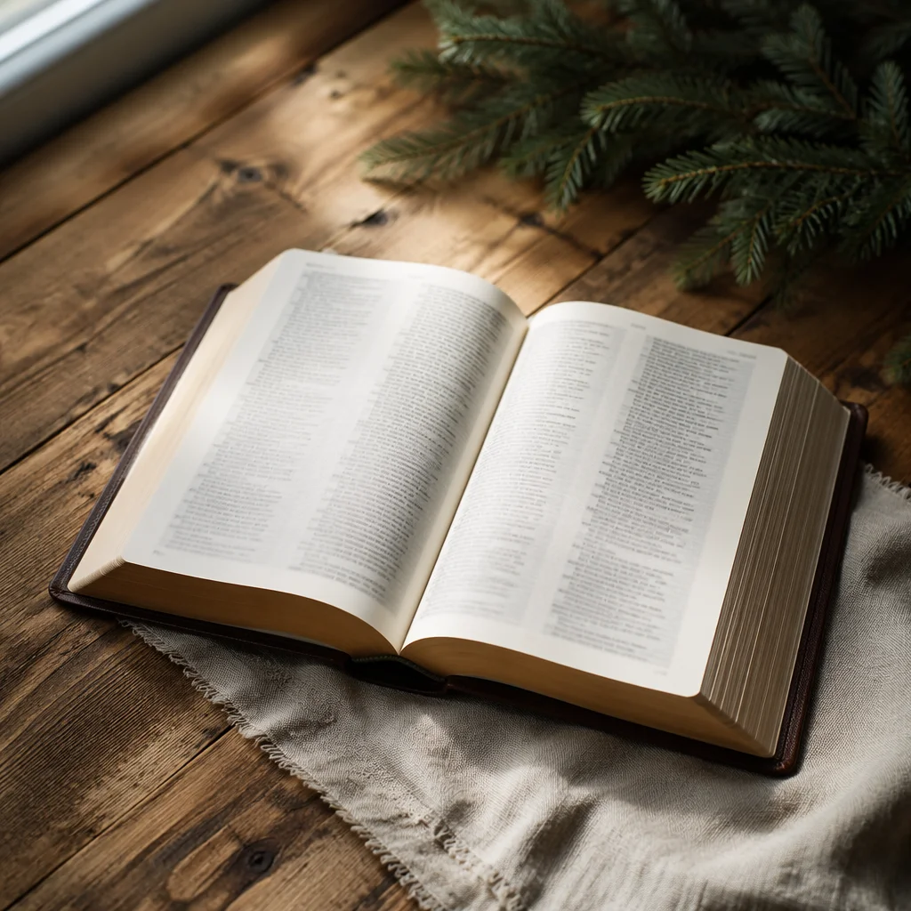Open Bible on Rustic Wooden Table