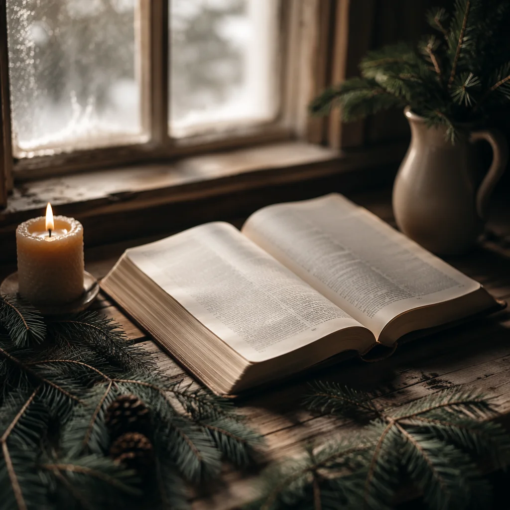 Open Bible with Evergreen and Candle