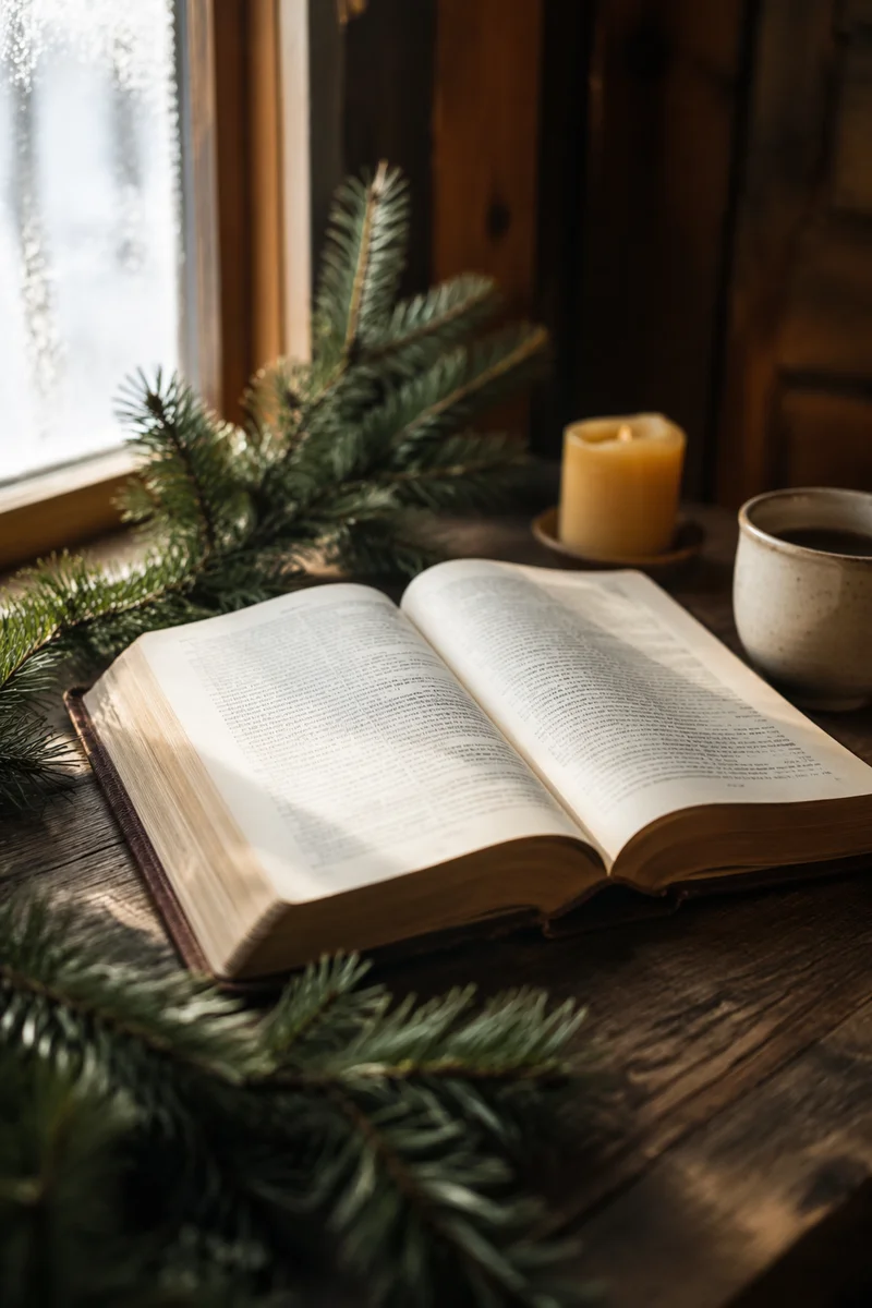 Open Bible with Evergreen Morning Devotion