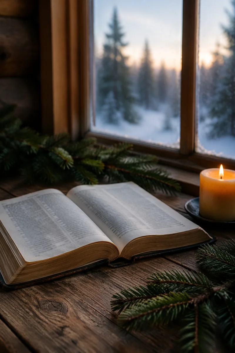 Open Bible in Winter Cabin Devotion