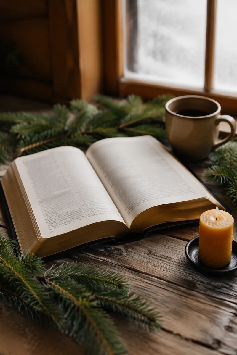 Open Bible with Evergreen Morning Light
