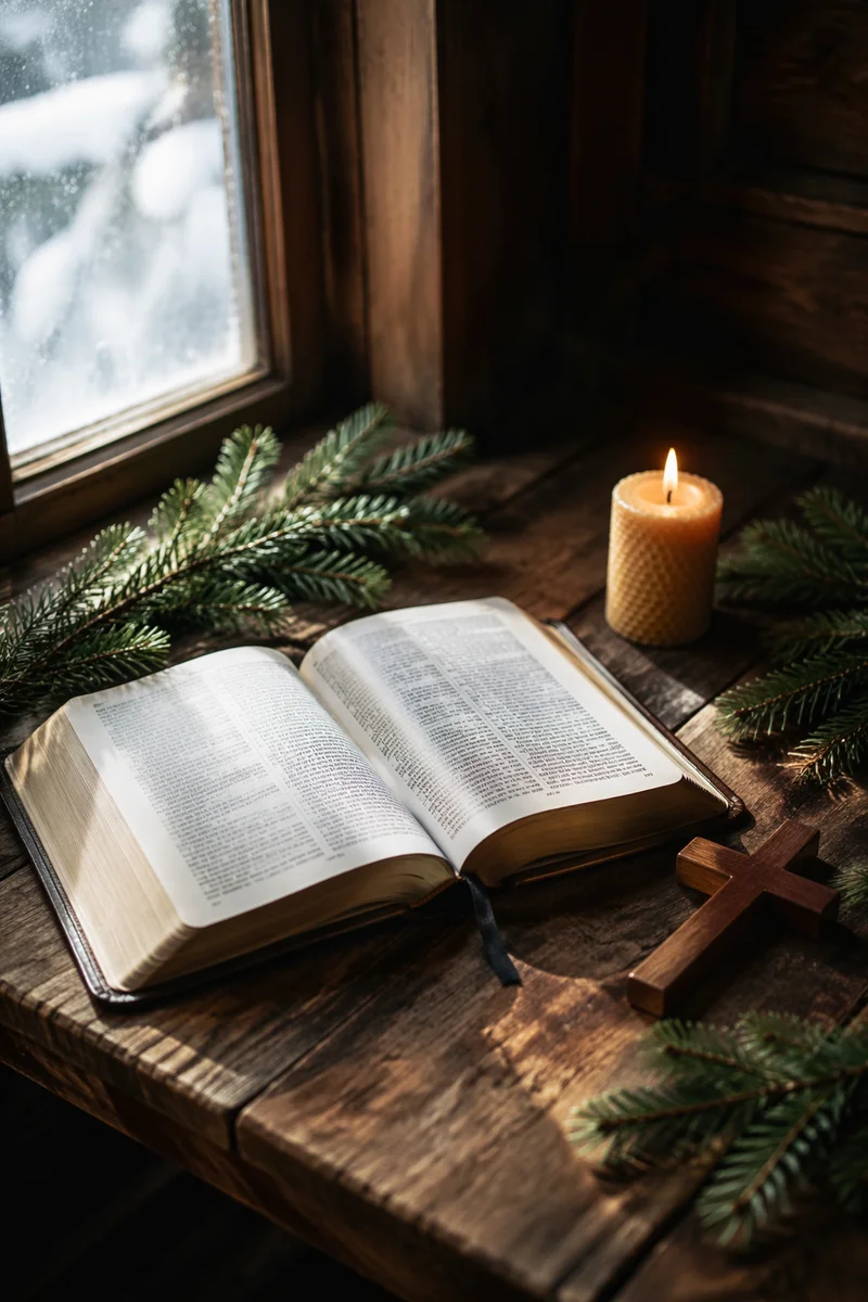 Open Bible with Evergreen and Candlelight