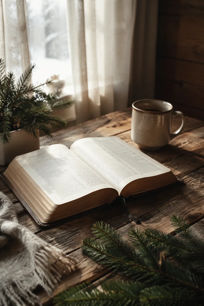 Open Bible on Rustic Winter Table
