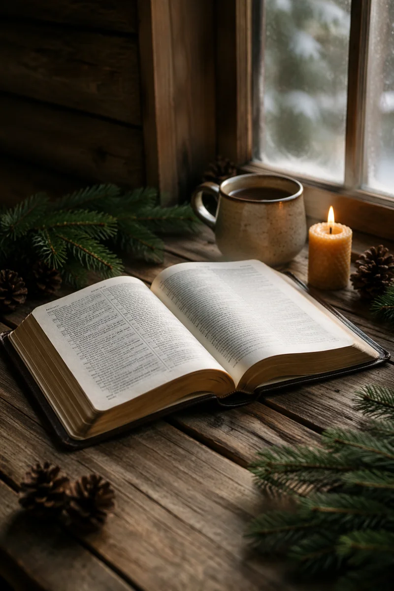 Open Bible with Evergreen Morning Light