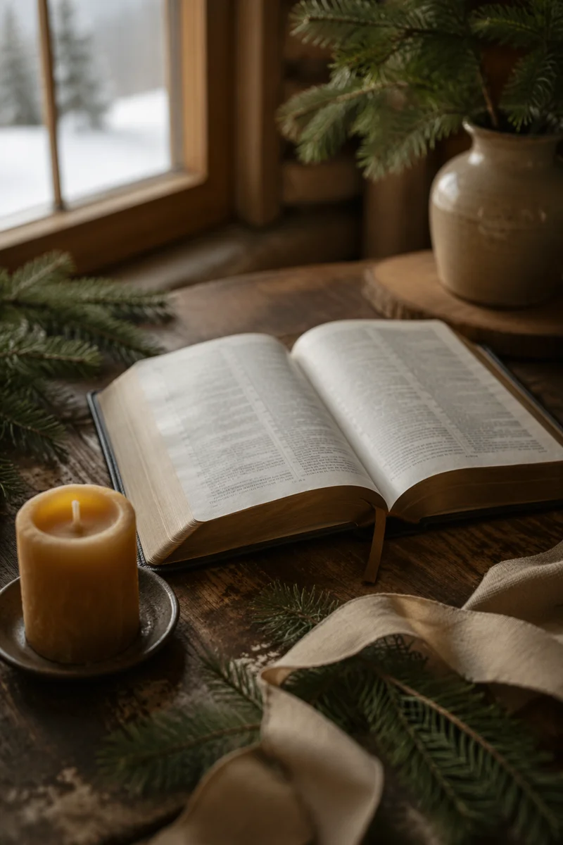 Open Bible with Evergreen and Candle