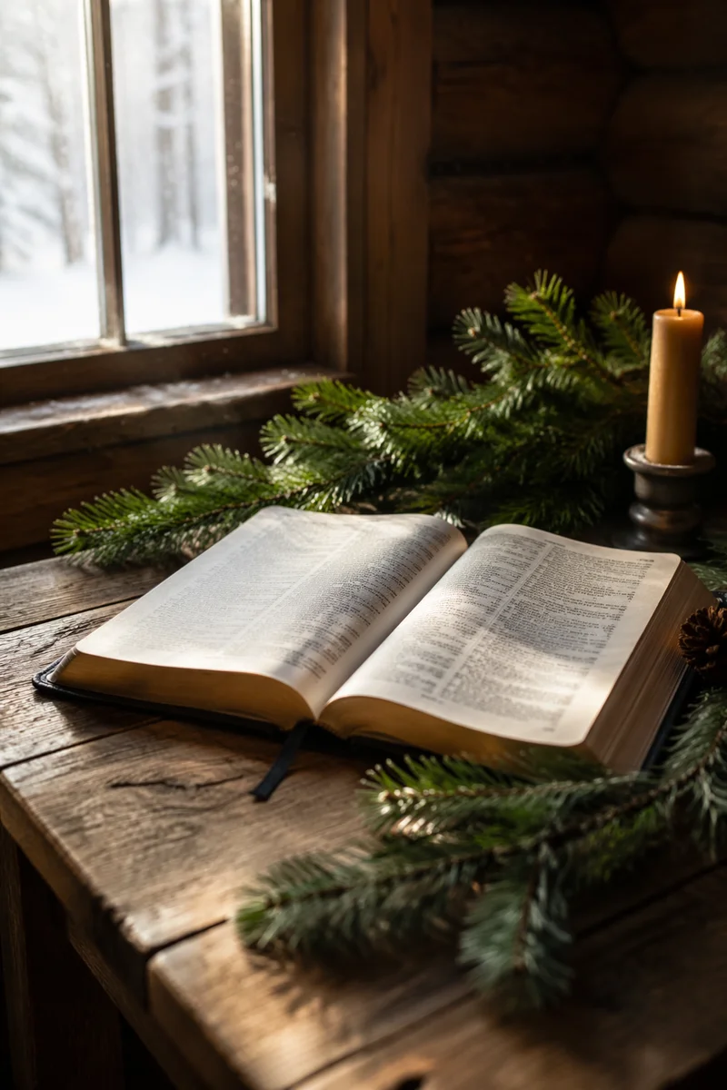 Open Bible with Evergreen and Candle