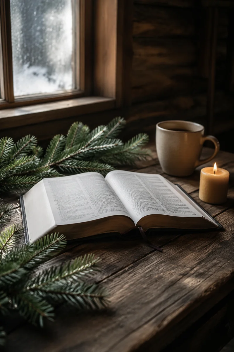 Open Bible with Evergreens in Winter Cabin