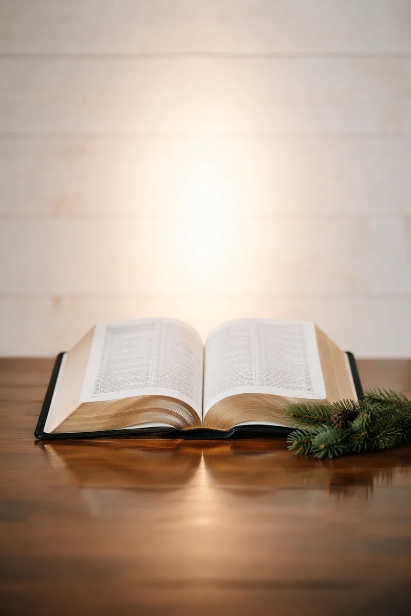 Open Bible with Evergreen Sprig on Wooden Table
