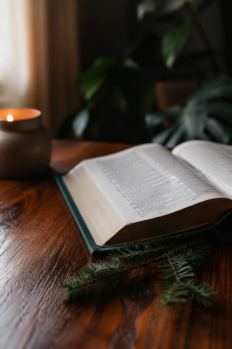 Open Bible on Evergreen Wooden Table