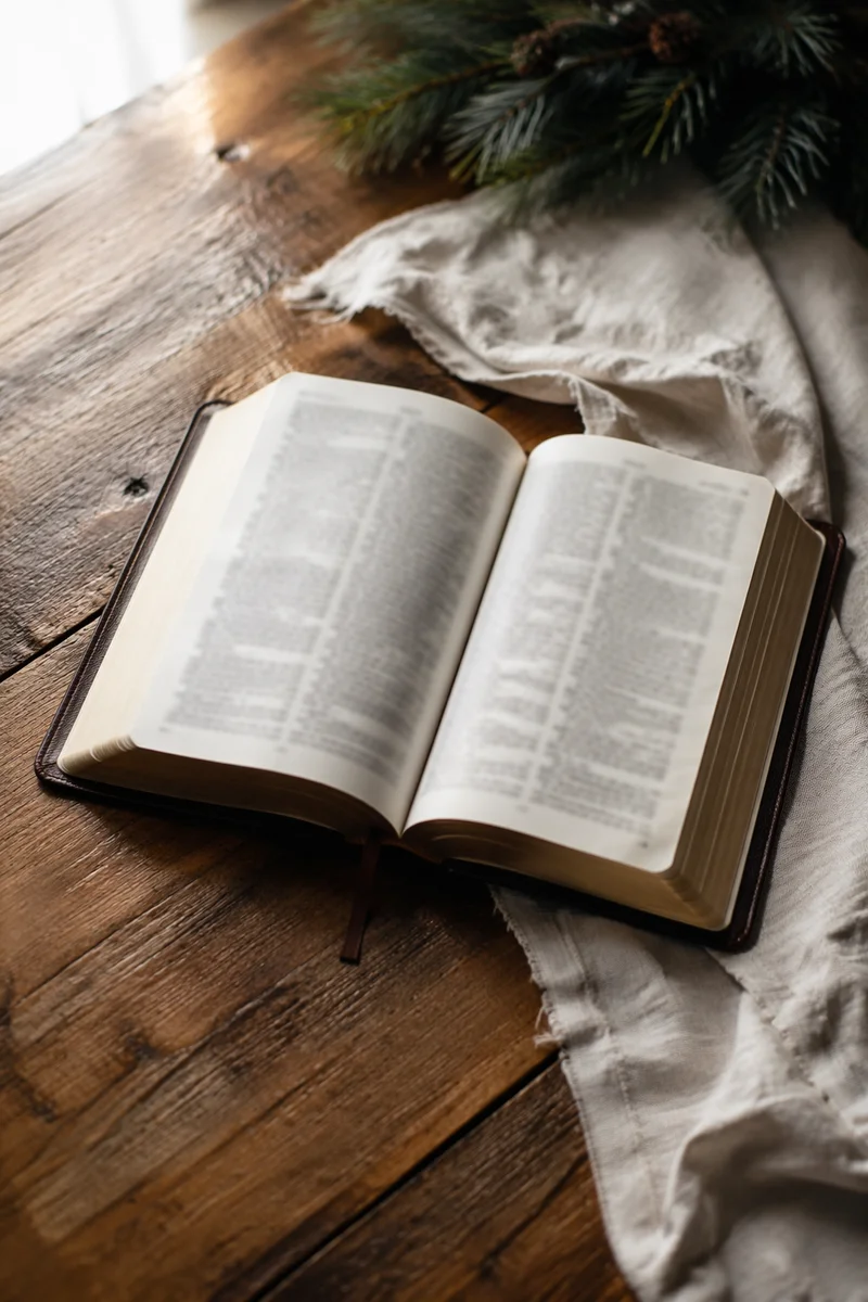 Open Bible on Rustic Wooden Table