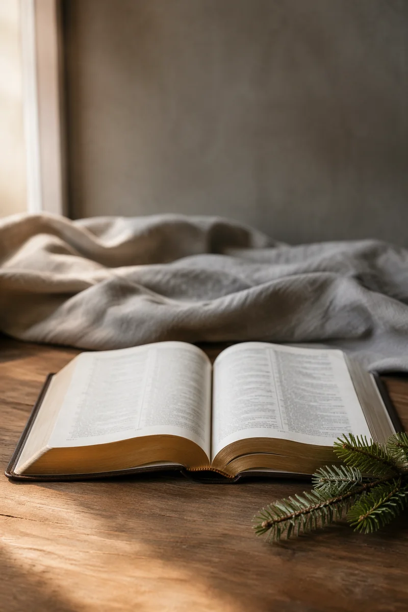 Open Bible on Warm Wooden Table