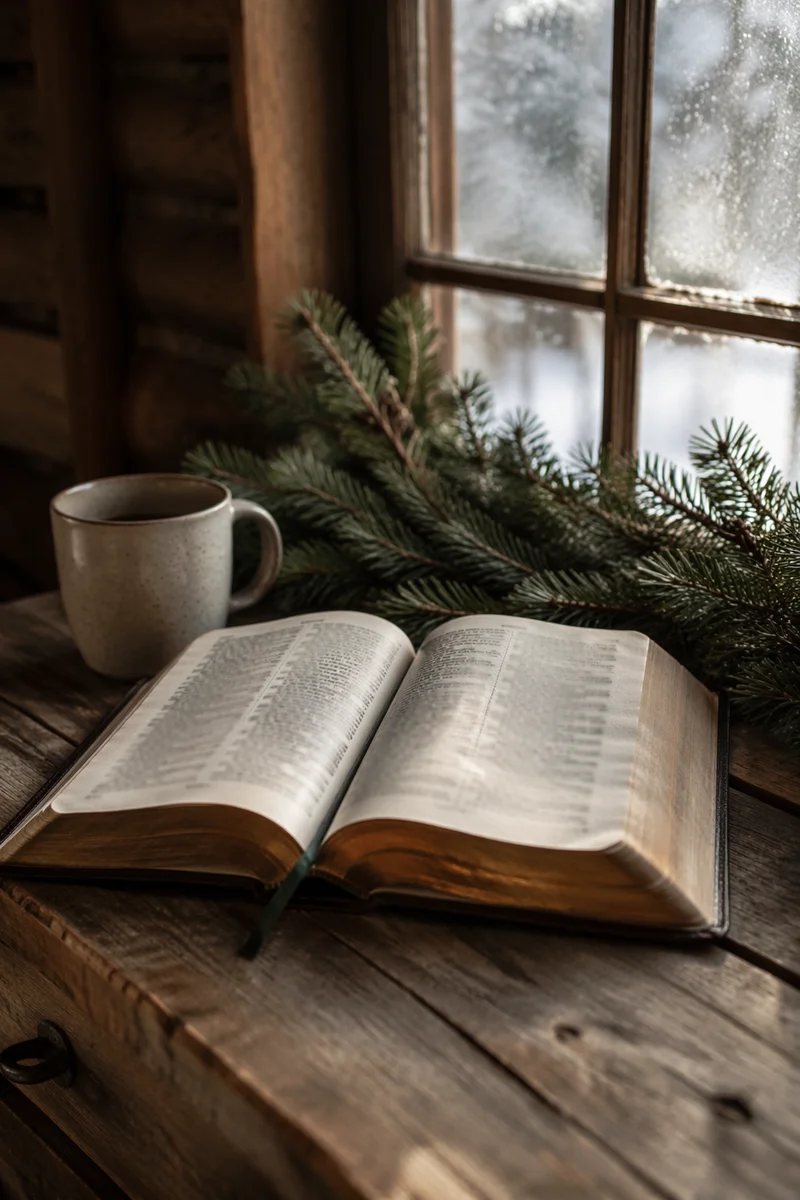 Open Bible with Evergreen Morning Light