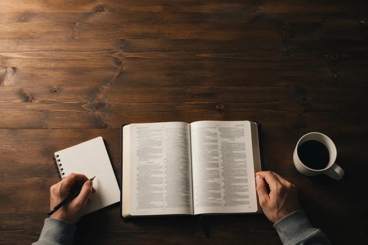 Open Bible on Wooden Table