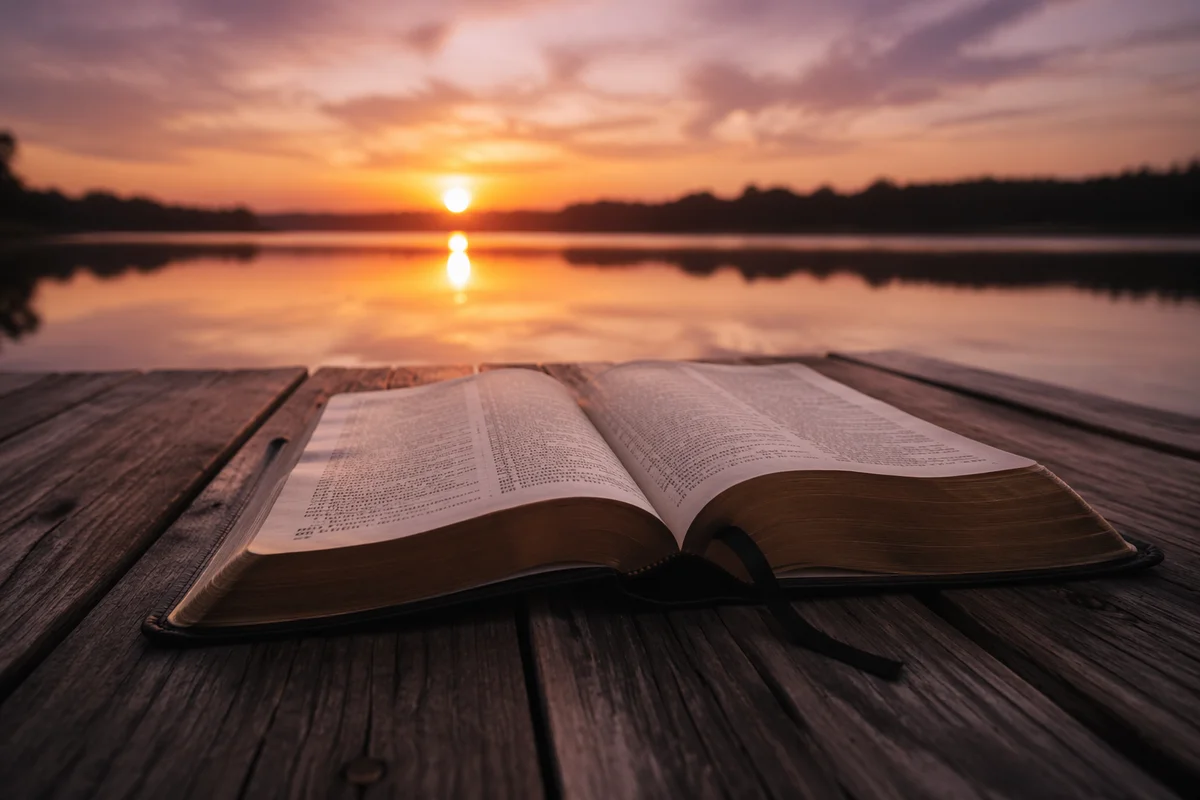 Open Bible by Calm Lake at Sunset