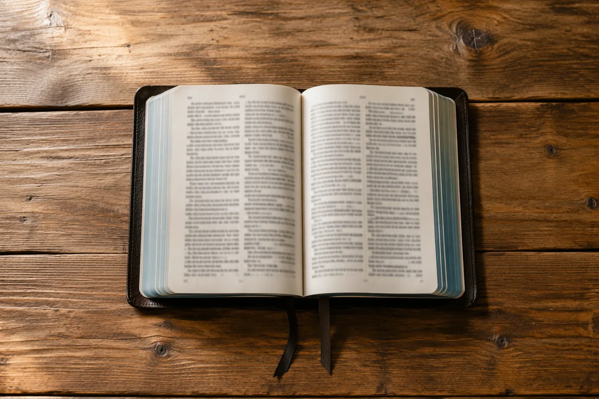 Open Bible on Rustic Wooden Table