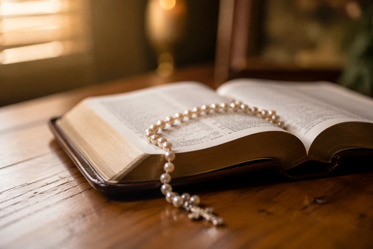 Open Bible with Prayer Beads on Wood