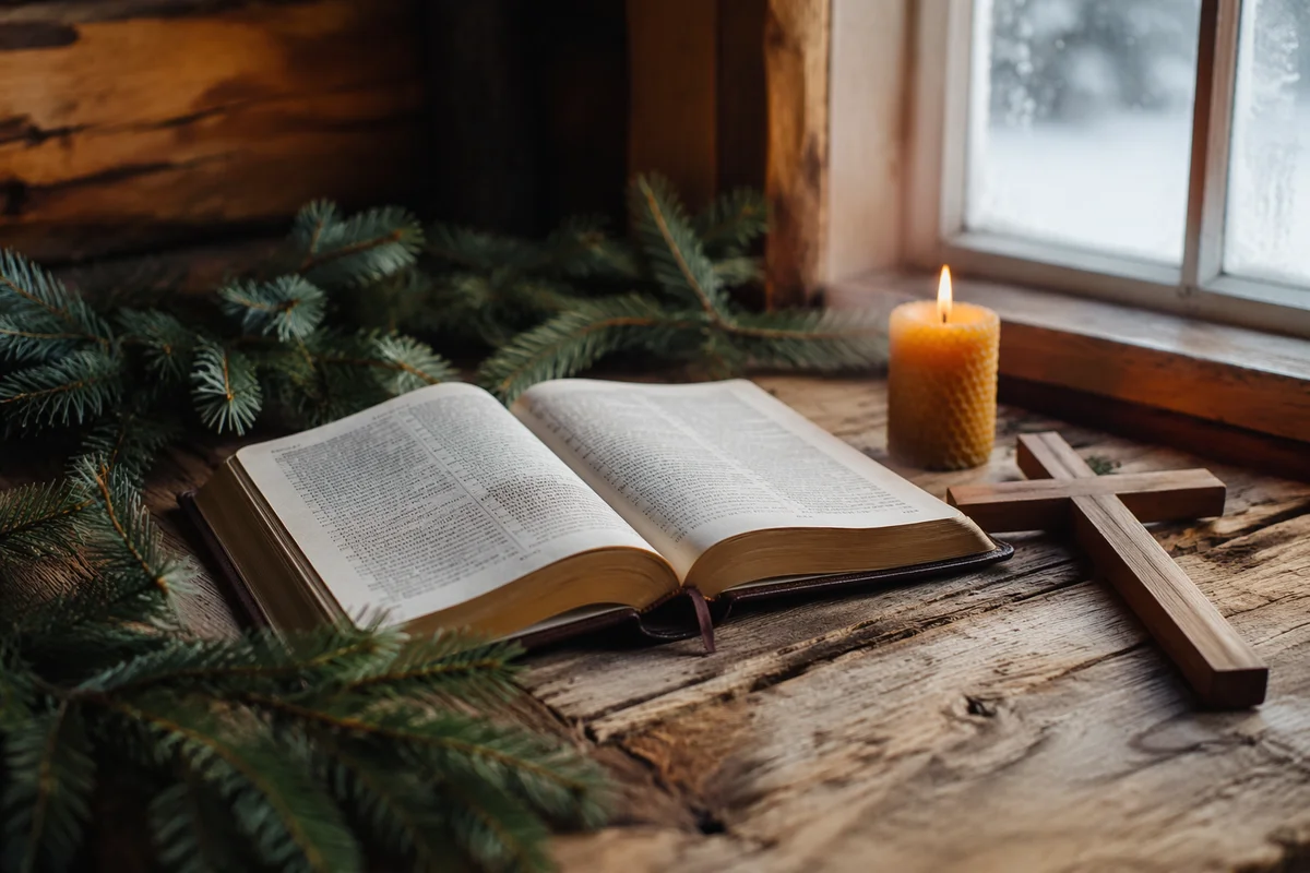 Open Bible with Evergreen Candlelight Devotion