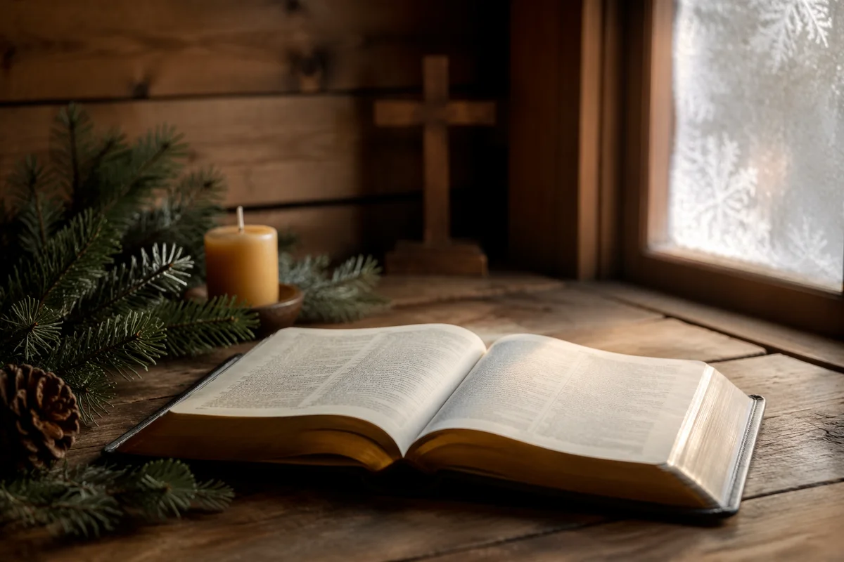 Open Bible with Evergreen Candlelight