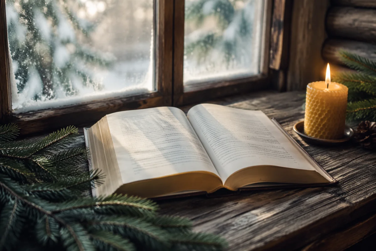 Open Bible with Evergreen and Candle