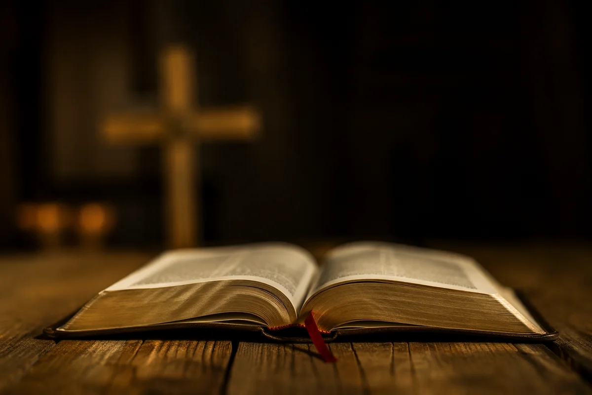 Open Bible on Rustic Wooden Table