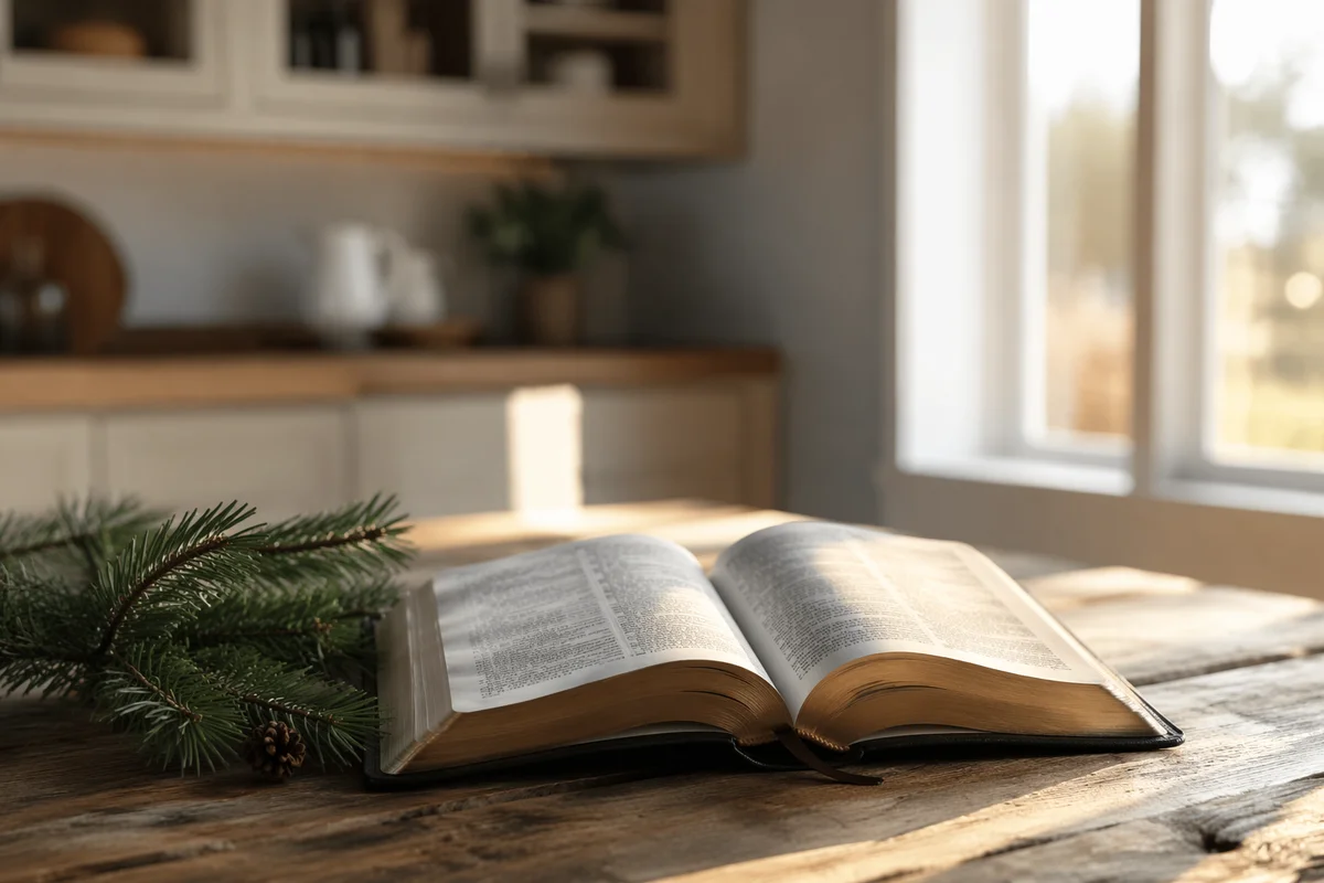 Open Bible with Evergreen on Rustic Table