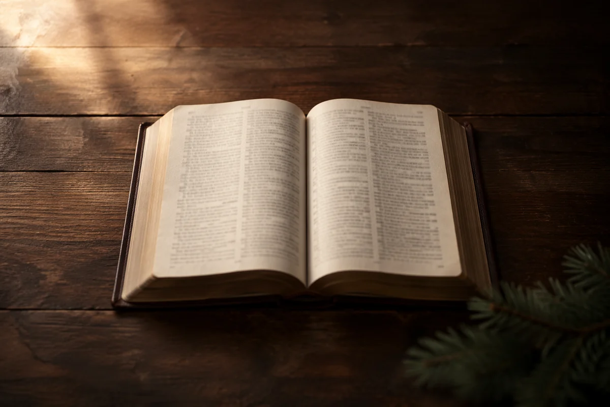 Open Bible on Warm Wooden Table