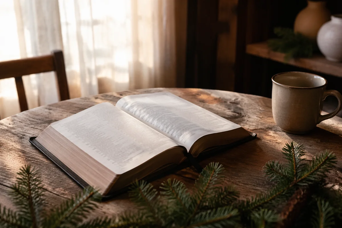 Open Bible with Evergreen Morning Light