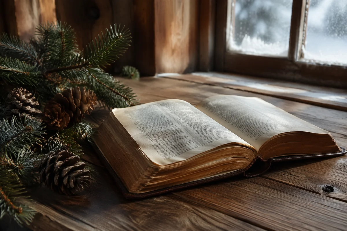 Open Bible with Evergreen Winter Still Life