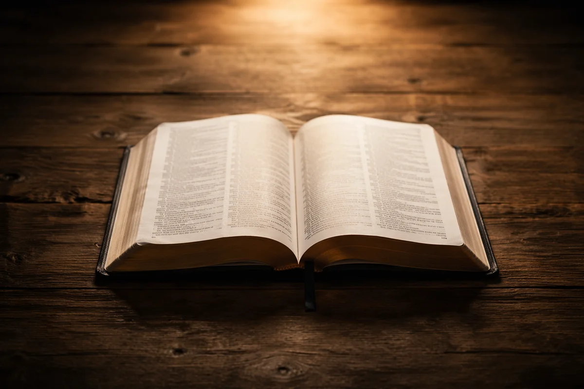 Open Bible on Rustic Wooden Table