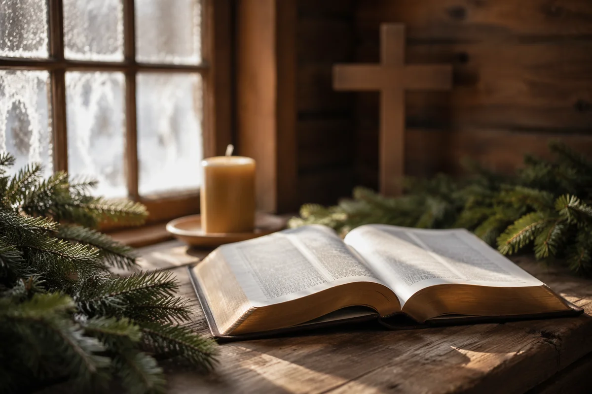 Open Bible with Evergreen and Candle