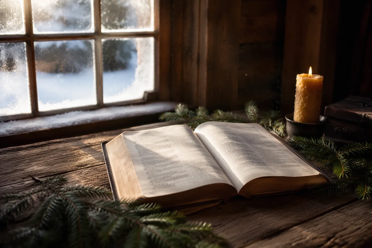 Open Bible with Evergreen in Rustic Cabin