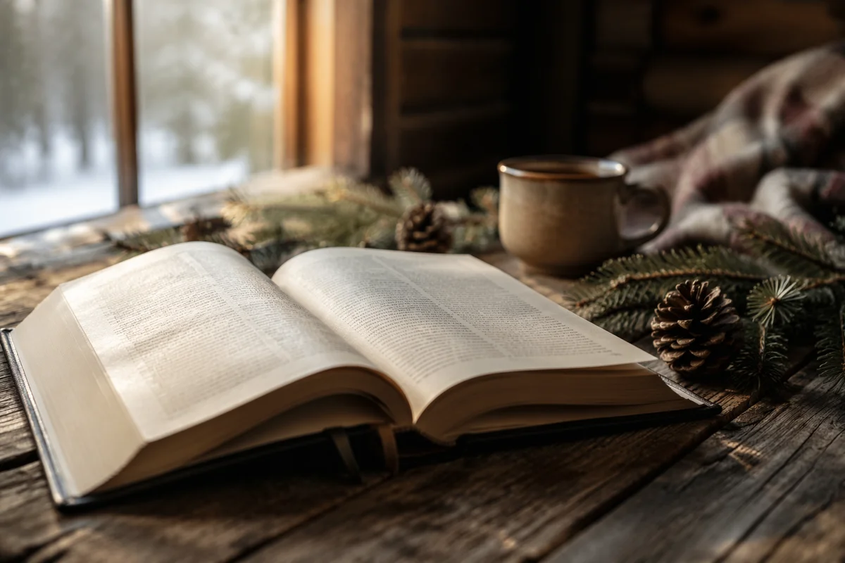 Open Bible with Evergreens on Rustic Table