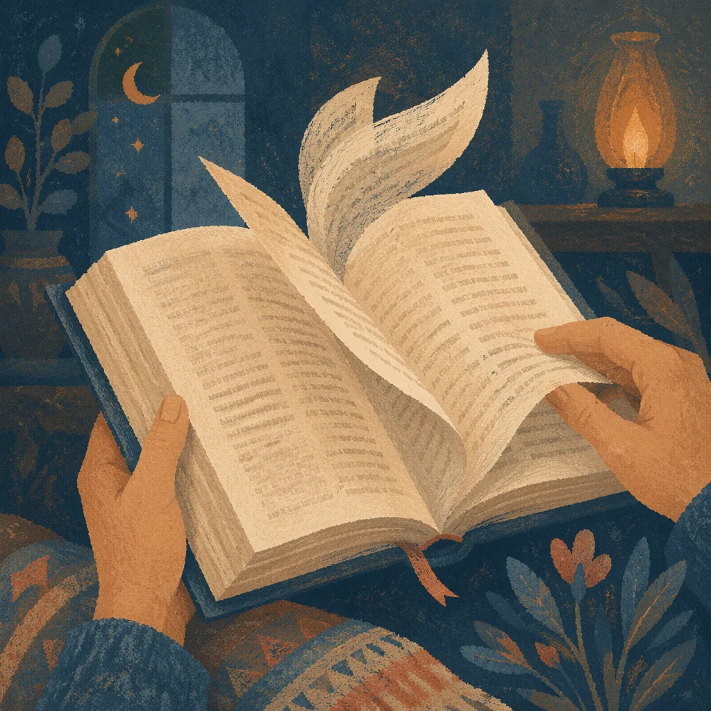 Open Bible Pages Fluttering in Gentle Breeze
