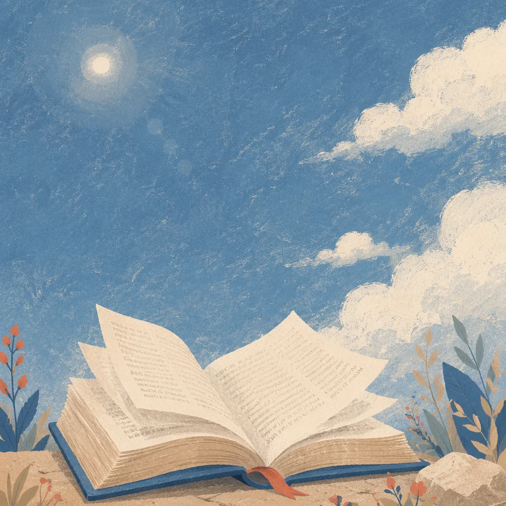 Open Bible Pages Turning in Sunlit Sky