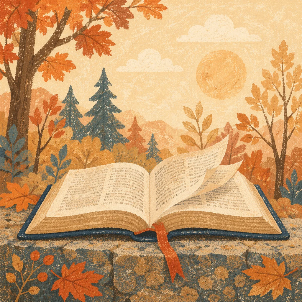 Open Bible Pages in Gentle Woodland Breeze