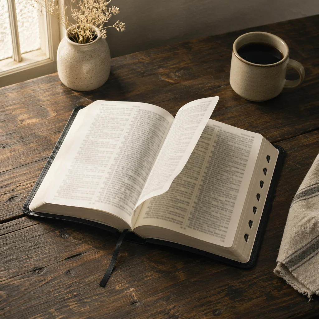 Open Bible Pages Turning in Gentle Wind