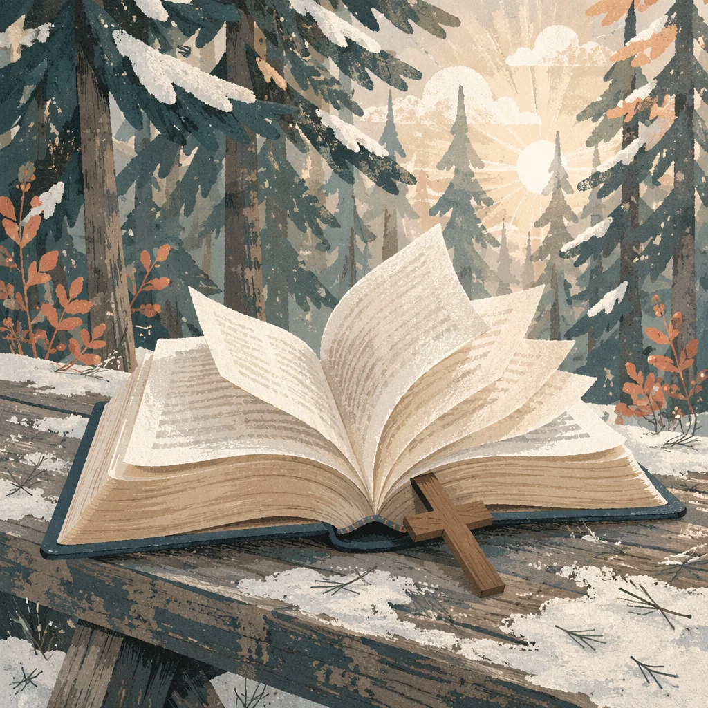 Open Bible Pages Turning in Evergreen Breeze