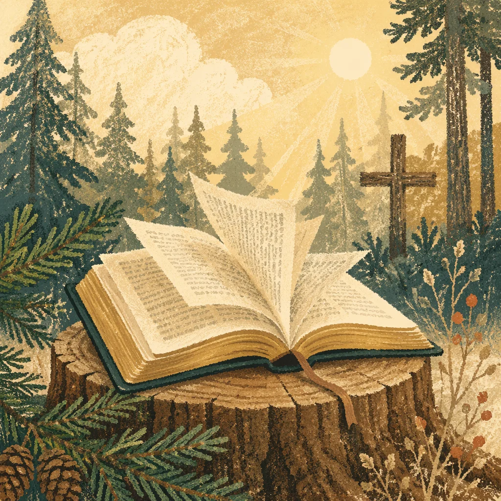 Open Bible in Evergreen Winter Wind