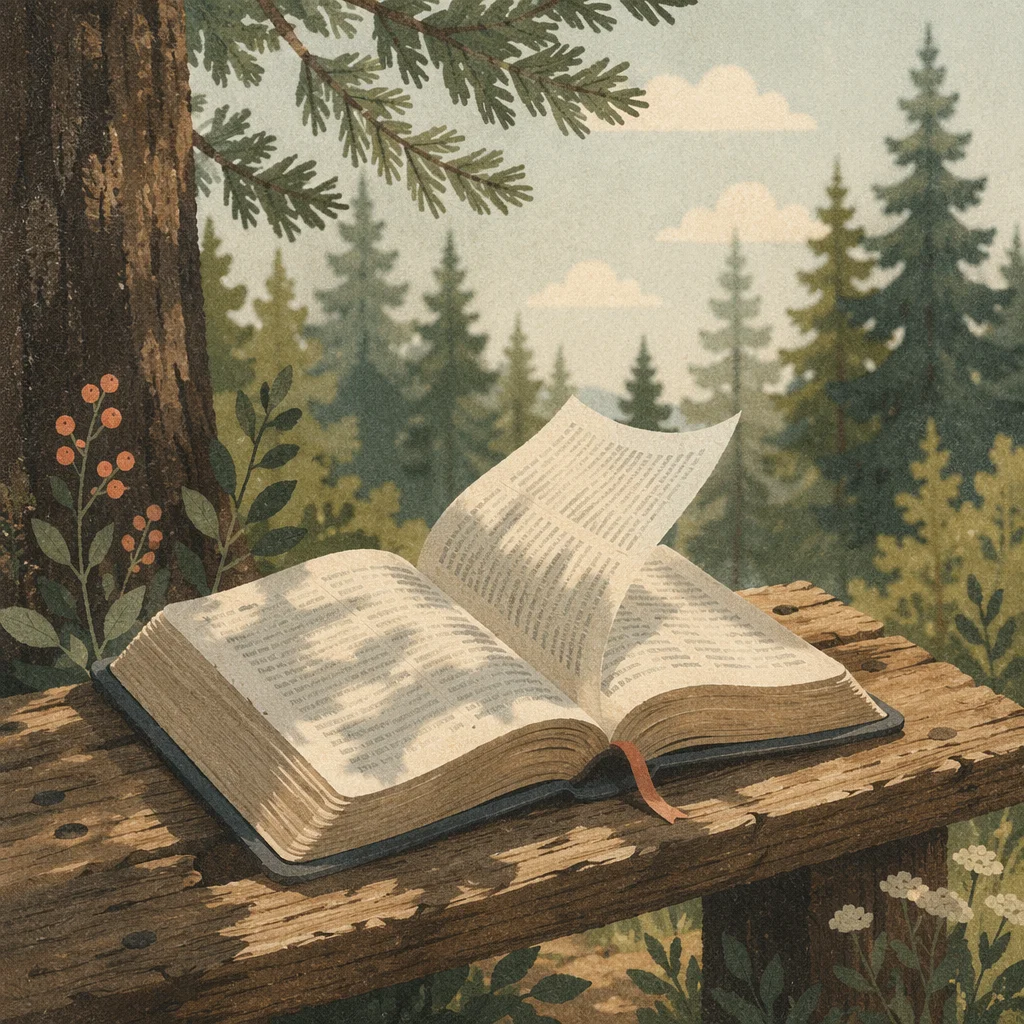 Open Bible Pages in Evergreen Morning Breeze