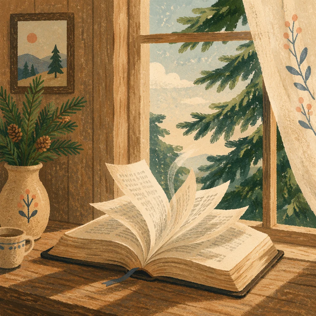 Open Bible Pages Turning in Evergreen Breeze