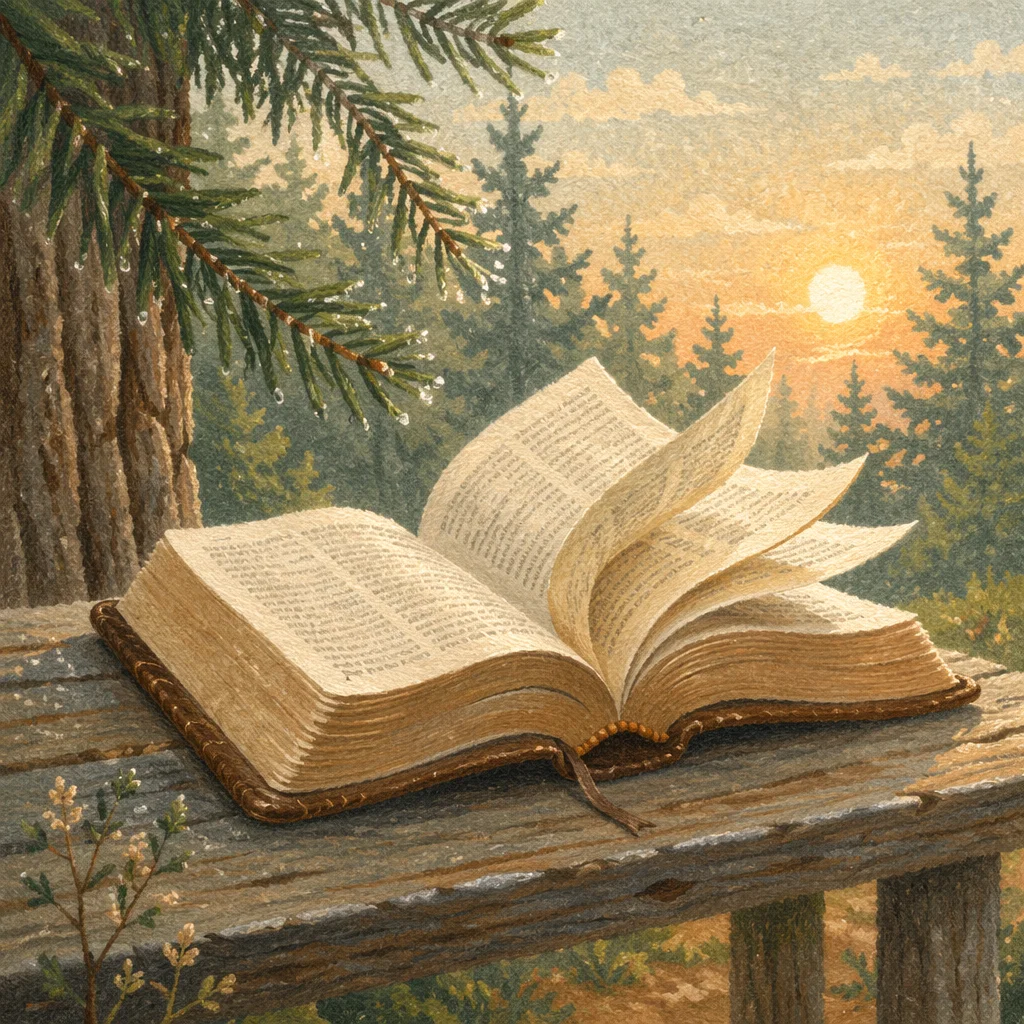 Open Bible Pages Turning in Evergreen Breeze